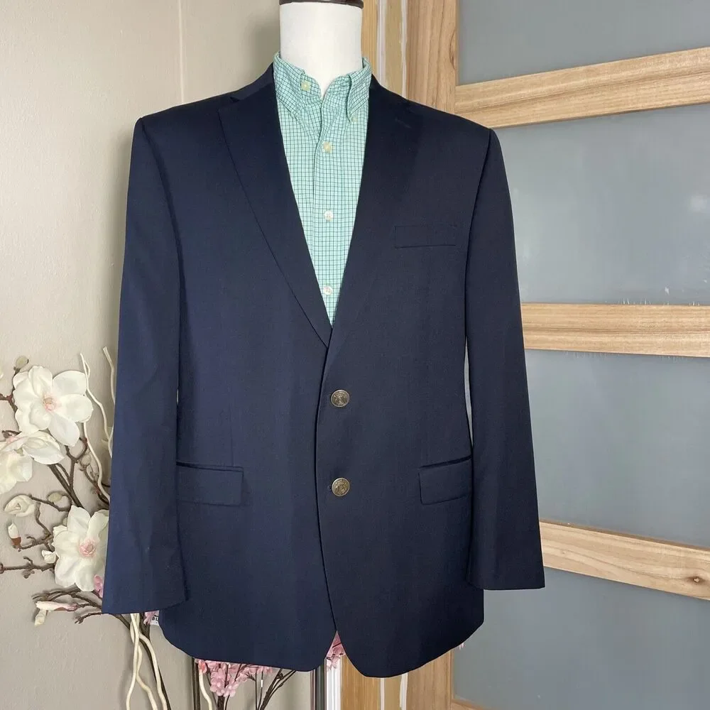 44R Michael Kors Navy-Blue Wool Metal-Buttons Blazer Jacket